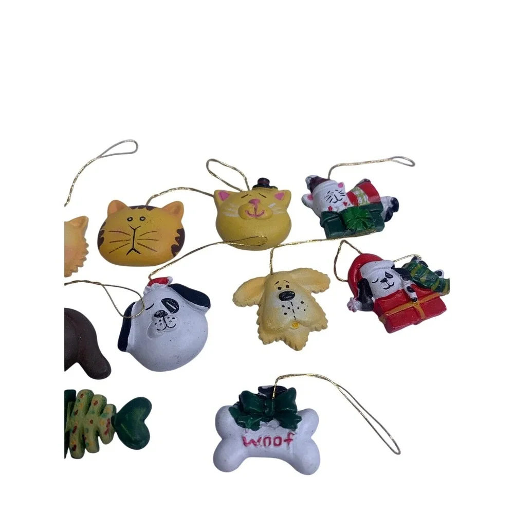 Vintage Pet Christmas Ornaments Set 12pc Resin Cat Dog Fish Bone Holiday Decor‎